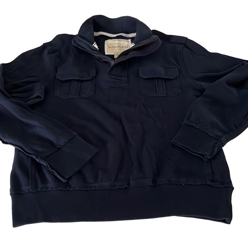 Ditch Plains Mens L Navy Blue 1/4 Zip Cotton Knit Pullover Shirt Long Sleeves